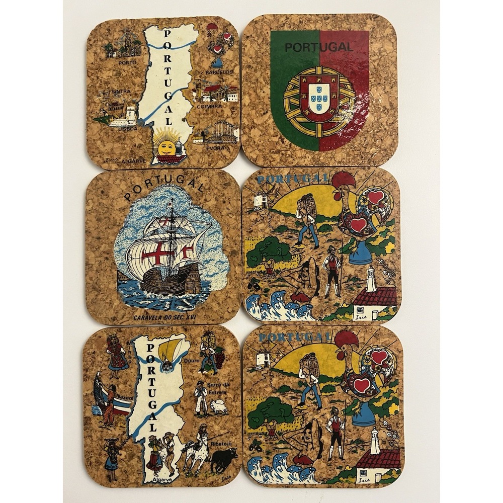 Vintage Portugal Tourist Souvenir Coaster Set Of 6 Drinks Portugese History Cup